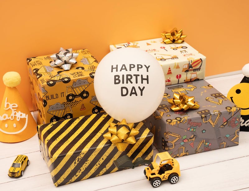 ZINTBIAL Construction Vehicle Wrapping Paper for Kids Birthday - Excavators  Bulldozers  Dump Trucks and Happy Birthday Words Designs - 20 x 29 Inches  8 Folded Sheets  Easy to Store - Image 3